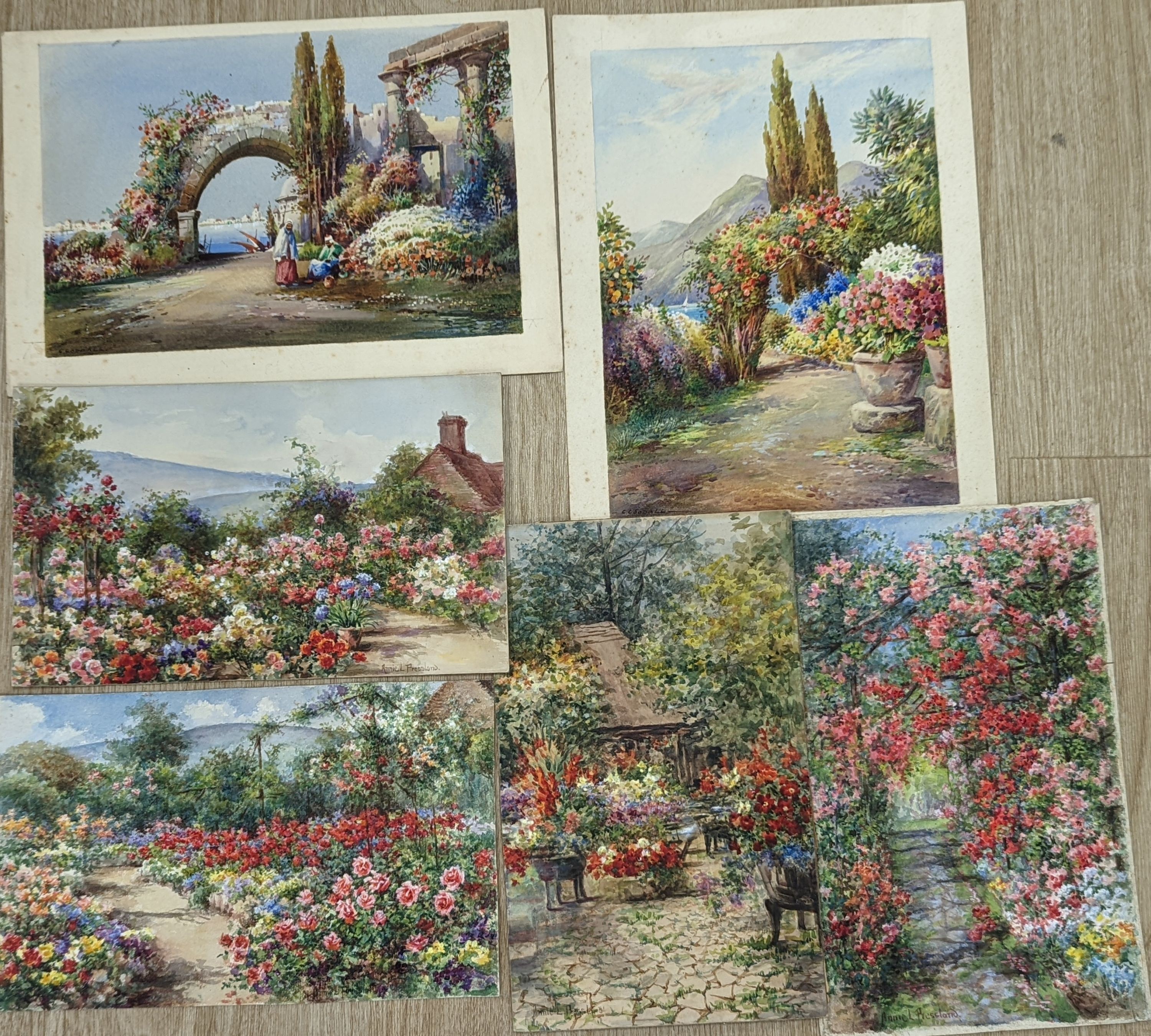 Annie Pressland (1862-1933), four watercolours; The Pergola, In The Rose Garden, The Rose Garden , Wannock & The Tea Court, Wannock, signed, 17.5 x 28cm. and two watercolours by George Goodall; A Glimpse of the Nile & An